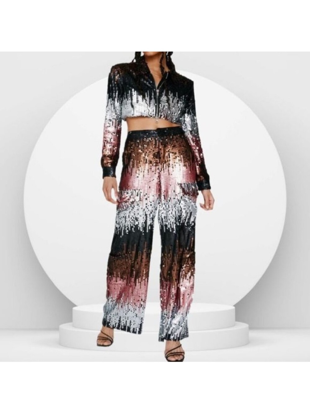 Nasty Gal Sequin Ombre Cargo Trousers - Black Pink Silver - Picture 4 of 9